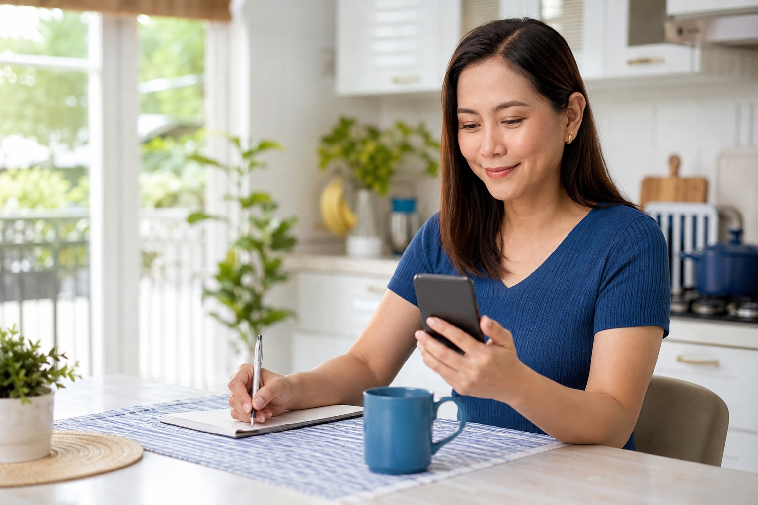Filipino woman calmly reviewing her phone while planning household expenses
